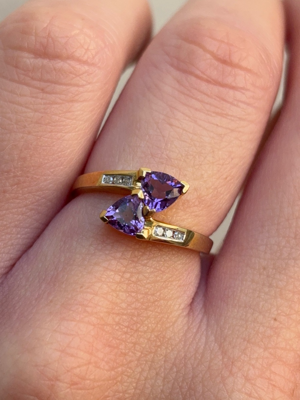 10k Yellow Gold Toi Et Moi Amethyst Gemstone and Natural Diamond Bypass Ring